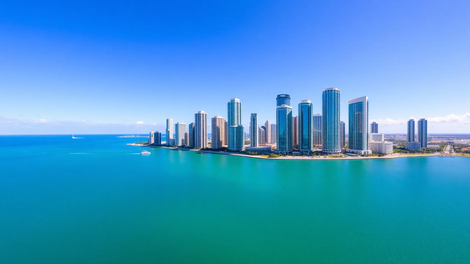 Aerial view of the Brickell Miami skyline along Biscayne Bay
